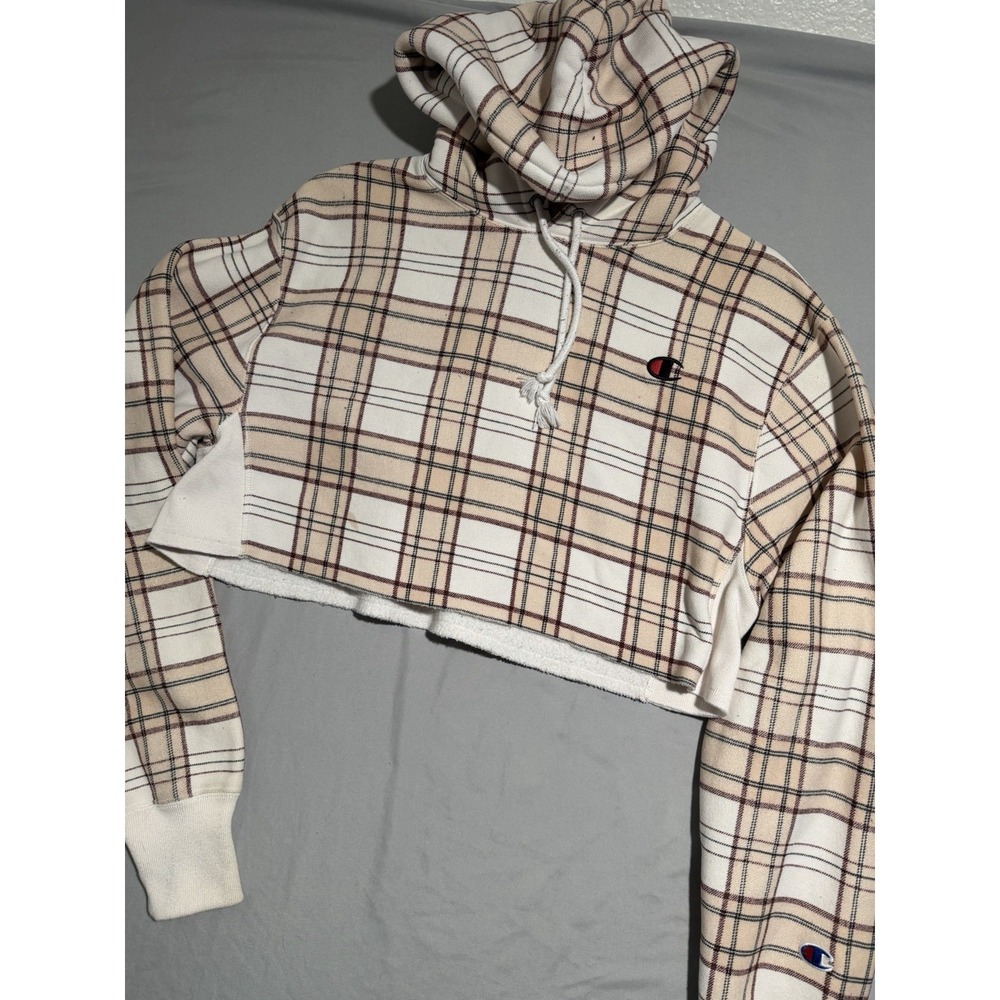 vintage champion reverse weave plaid crop top hoodie, women's xs sweatshirt